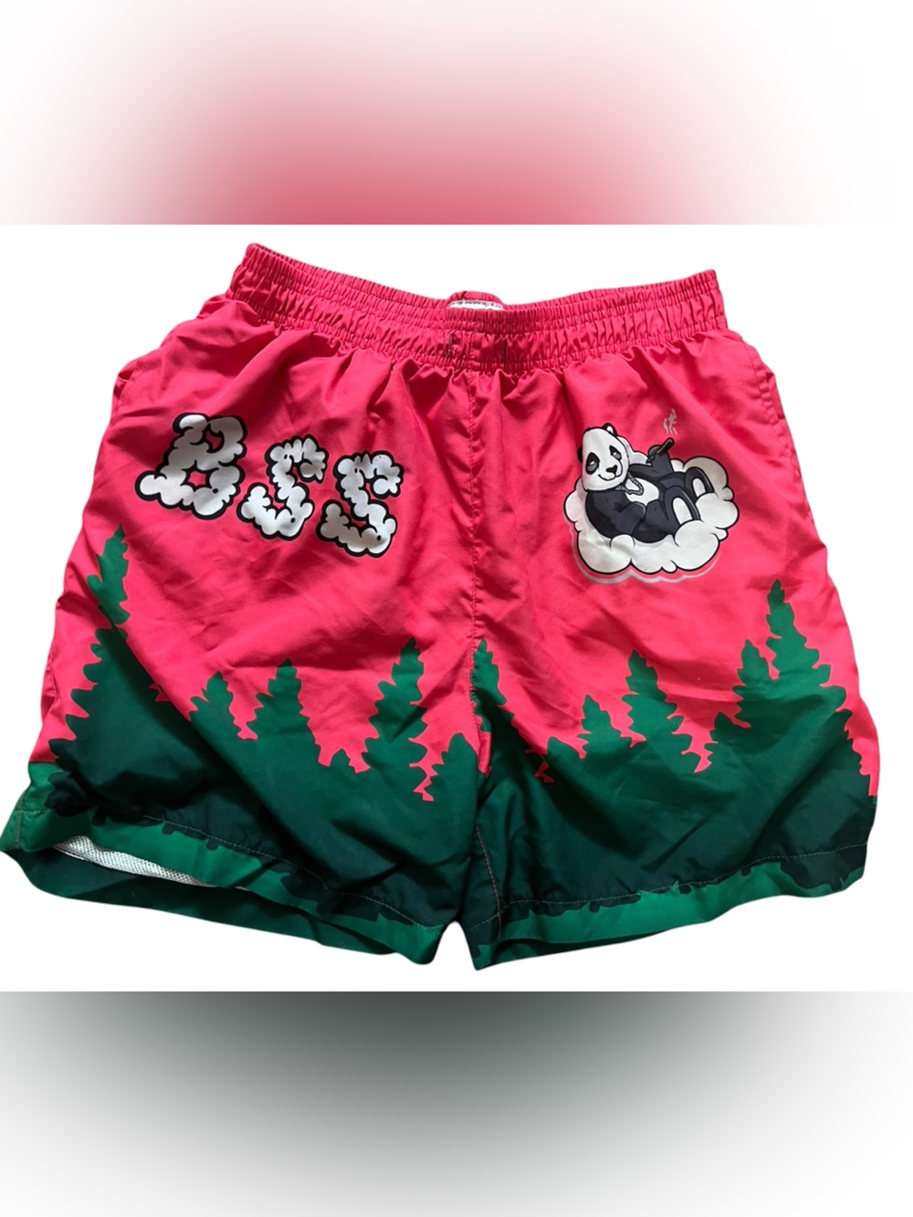 BEAR STONED PARK Panda Smoking Trees Swim Shorts Pink Green M